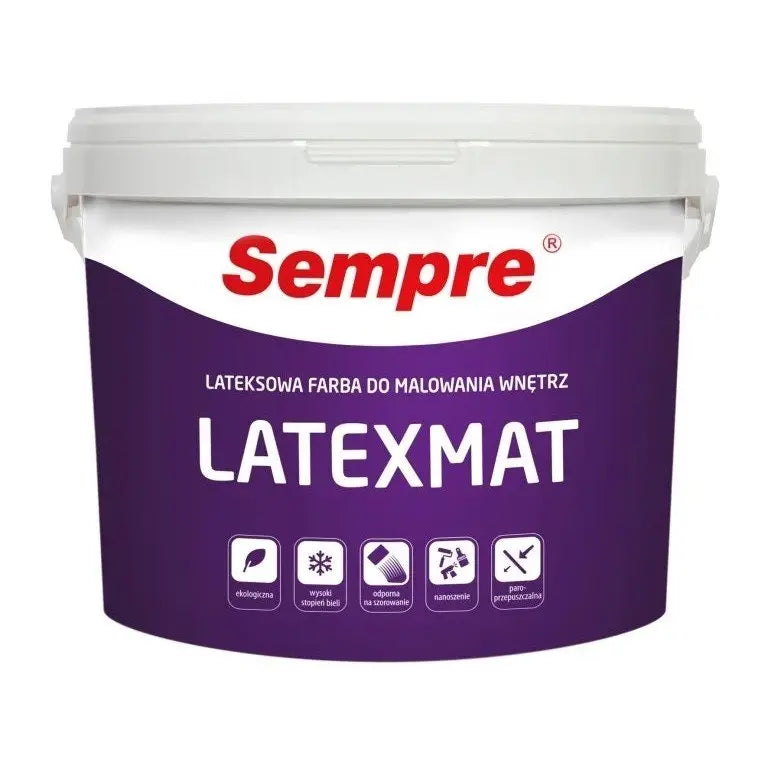 SEMPRE – LATEXMAT акрилова латексна фарба для внутрішніх робіт 10 л. Властивості: Висока покривна здатність Дуже білий тон Висока продуктивність (~0,09 л/м² для одного шару) Стійка до миття та стирання Широкий вибір кольорів Глибокоматова обробка